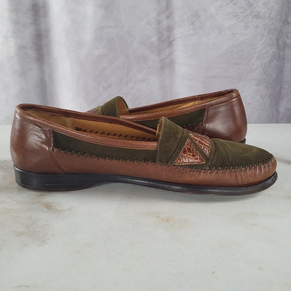 MEZLAN MORELLA Size 7 M Men's Suede Leather & Crocodile Loafers Olive